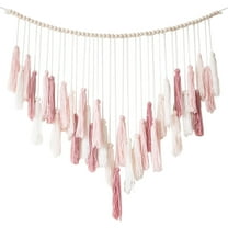 Bohemian Wall Hanging, Pink Wall Hanging with Wood Bead Tassel Pendant Decoration, Large Fringe Wall Hanging for Bedroom Living Room Decoration