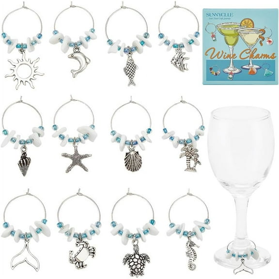 1 Box 12Pcs Ocean Wine Markers Charms Glass Identifiers Alloy Silver Summer Beach Hawaii Turtle Drink Identifier Tags Bulk for Stem Glasses Wine Tasting Gathering Gift Party Decor Supplies