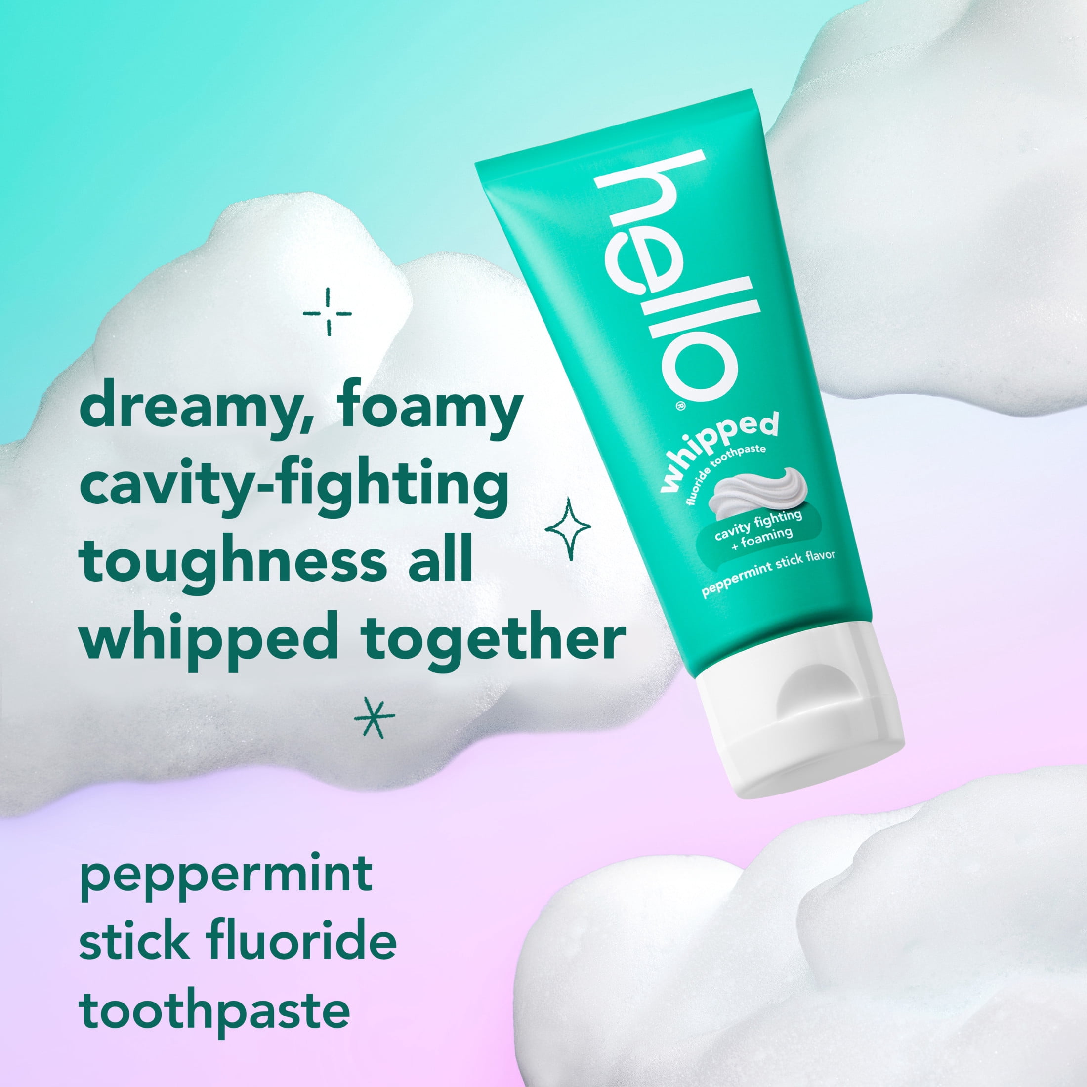 (2 pack) hello Whipped Fluoride Toothpaste, Minty Foam Toothpaste, Peppermint Stick, 4.0 oz