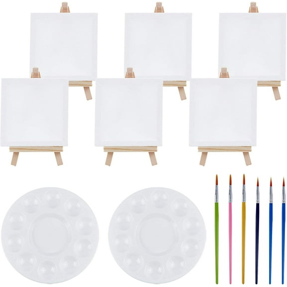 14 Pcs 3 Types Canvas Painting Tools 6 Pcs Wooden Easel Canvas with 6 Pcs Brushes with 2 Pcs Palette for Oil Watercolor Art Painting