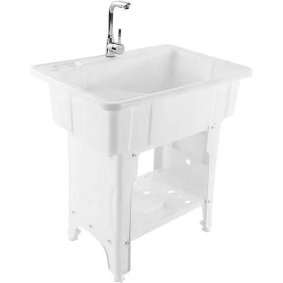 Standing Laundry Sink, Indoor and Outdoor Utility Sink with Hot and Cold Faucet and Drain Kit, Plastic Laundry Garage Sink Fits Bathrooms Sundries Room(31.5×22.05×31.5 Inch)