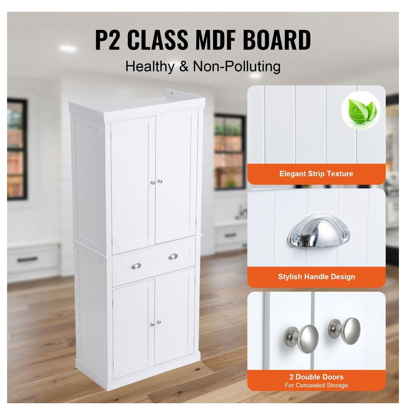 72" Kitchen Pantry Cabinet, Freestanding Storage with Doors & Drawer, Adjustable Shelves, Tall Buffet Pantry for Kitchen, Living Room, White
