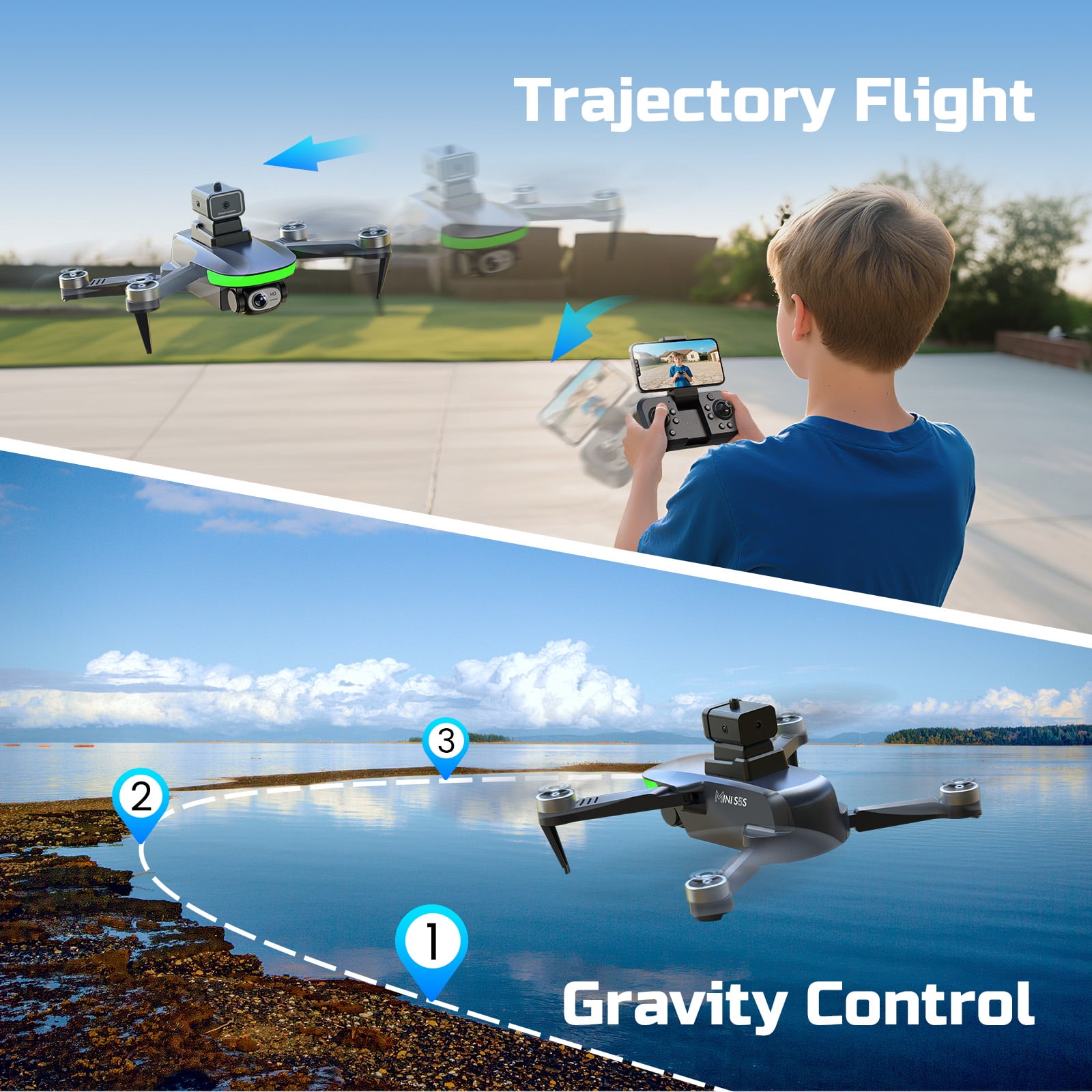 Wefone S5S Foldable Drones with Camera for Kids and Adults, Brushless Motor, 2 Batteries, Black
