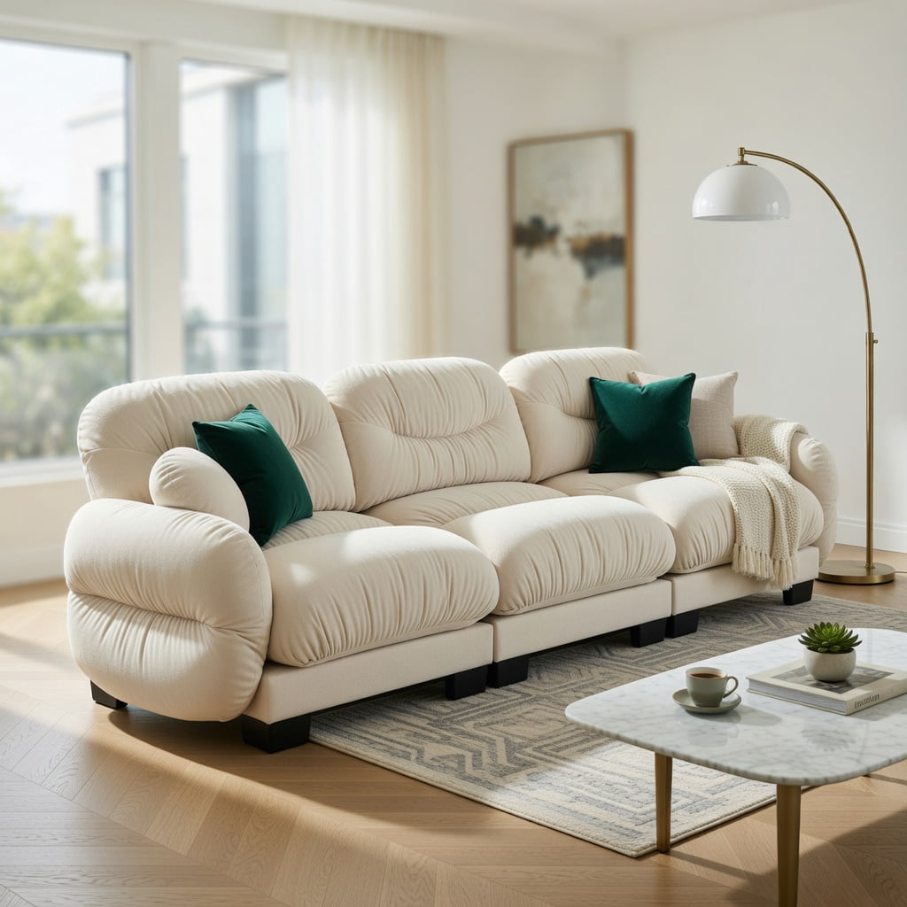 Hommoo Chenille 3-Seater Modular Sofa with Pleated Back Design, Ergonomic High-Density Foam Cushions & Curved Armrests, Includes 2 Round Throw Pillows, Beige