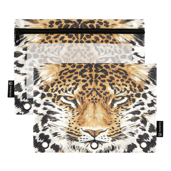 2 Pack Pencil Bag 9.84x6.1 Inch 3-Ring Page Turning Folder Zipper Pencil Case Pencil Bag Page Turning File Bag Big Yellow Leopard Face