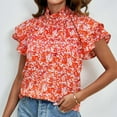 thumbnail image 6 of Lovskoo 2024 Womens Summer Tops Casual Ruffled Mock Neck Floral Print Shirts Smocked Ruffle Short Sleeve Babydoll Blouses Orange XL, 6 of 8
