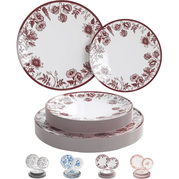 Trendables Disposable Plates For Party Supplies | Burgundy Floral Plastic Plates For Wedding 40 Pcs - 20 X 8 & 20 X 10 Dinner Plate Sets | Floral Plate Set Disposable Plastic Dinnerware Sets
