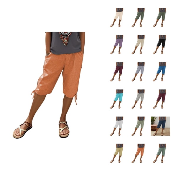 Womens Bermuda Shorts Cotton Linen Elastic Waistband Pockets Lightweight Knee Length Bermuda Long Shorts for Women