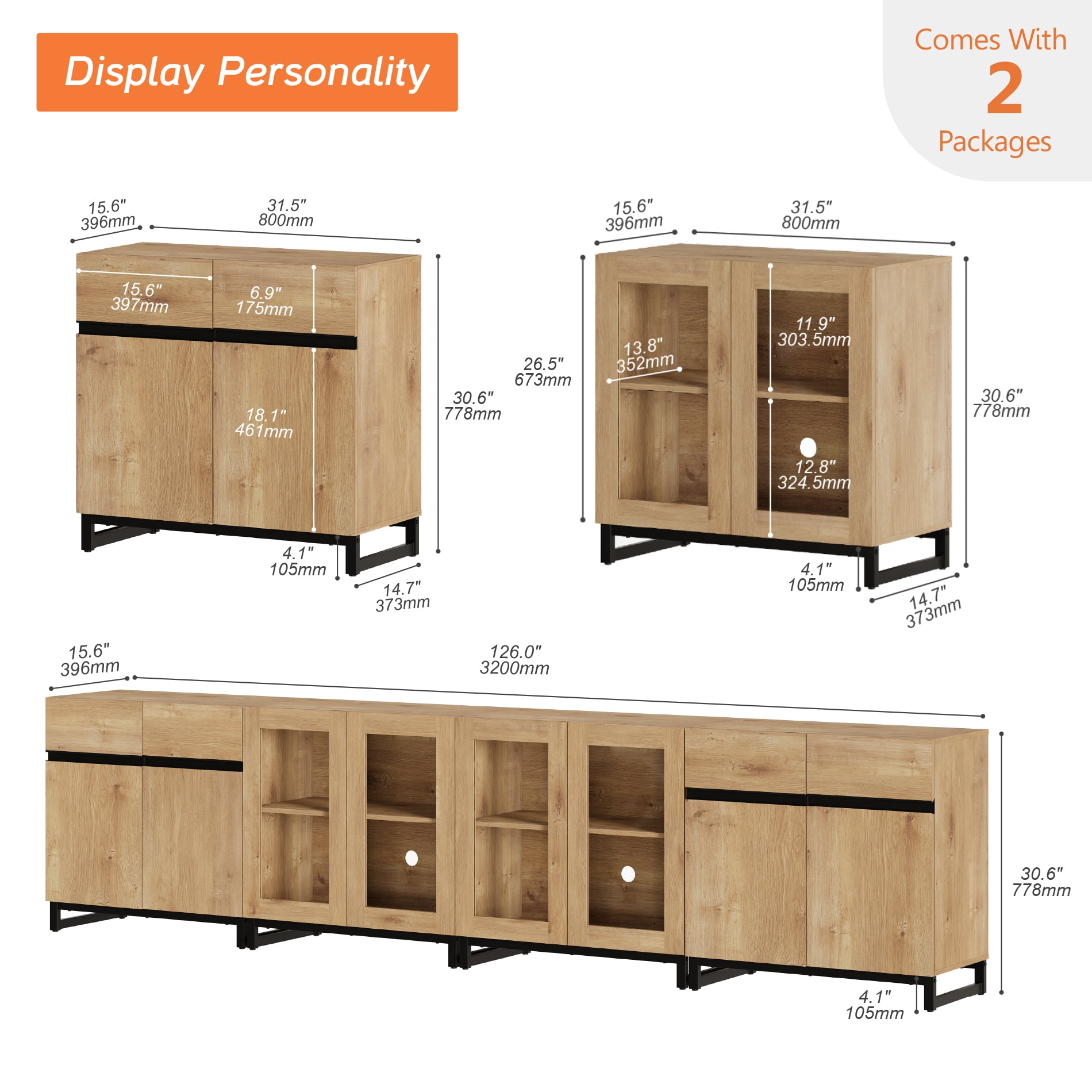 4 In 1 TV Stand For Tvs Up To 120 Inches, Modern Entertainment Center With Glass Doors And Metal Legs, TV Console With Adjustable Shelf For Living Room, Bedroom,Oak