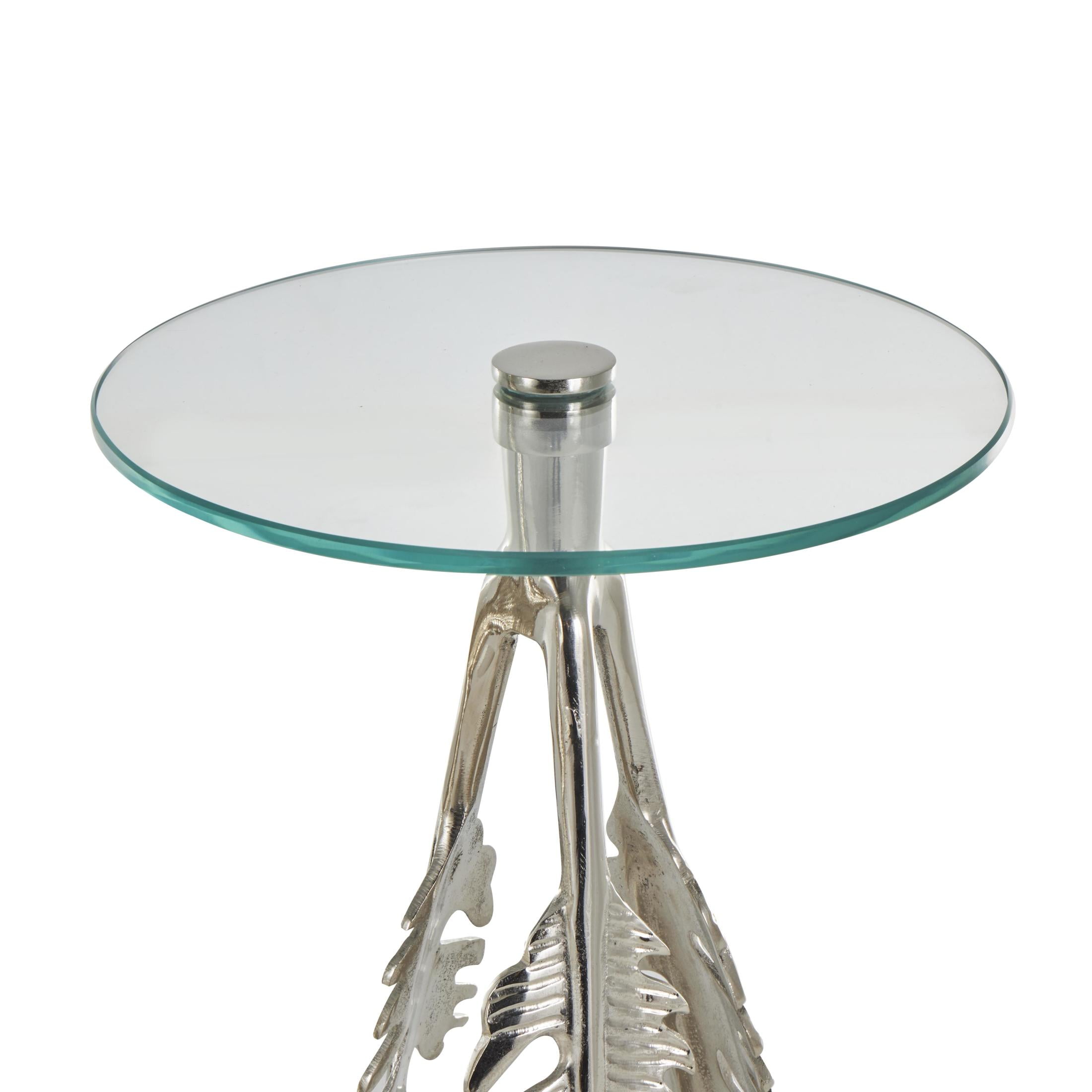 DecMode 16" x 24" Silver Aluminum Metal Leaf Accent Table with Tripod Legs and Tempered Glass Top, 3-Pieces