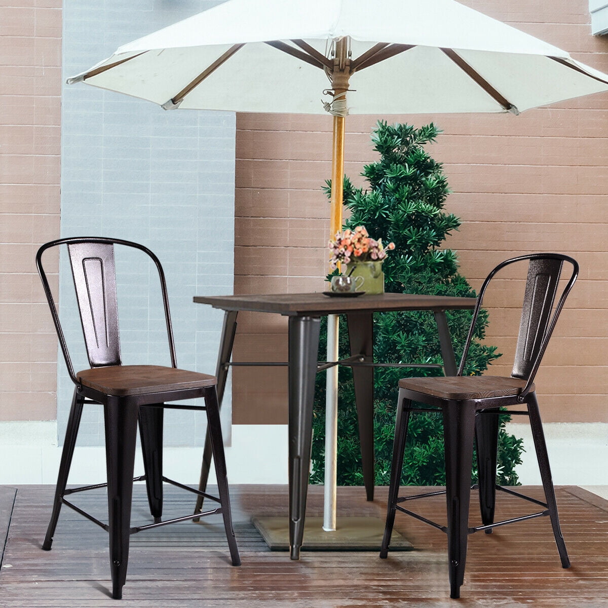 Costway Copper Set of 4 Metal Wood Counter Stool Kitchen Dining Bar Chairs Rustic Full Back