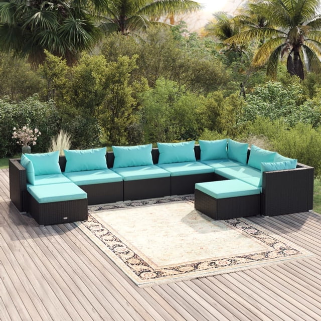 vidaXL 9 Piece Garden Lounge Set with Cushions Poly Rattan Black