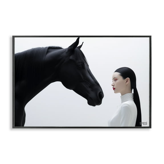 Stupell Industries Sleek Black Horse & Girl People Painting Black Framed Art Print Wall Art, 18 x 12