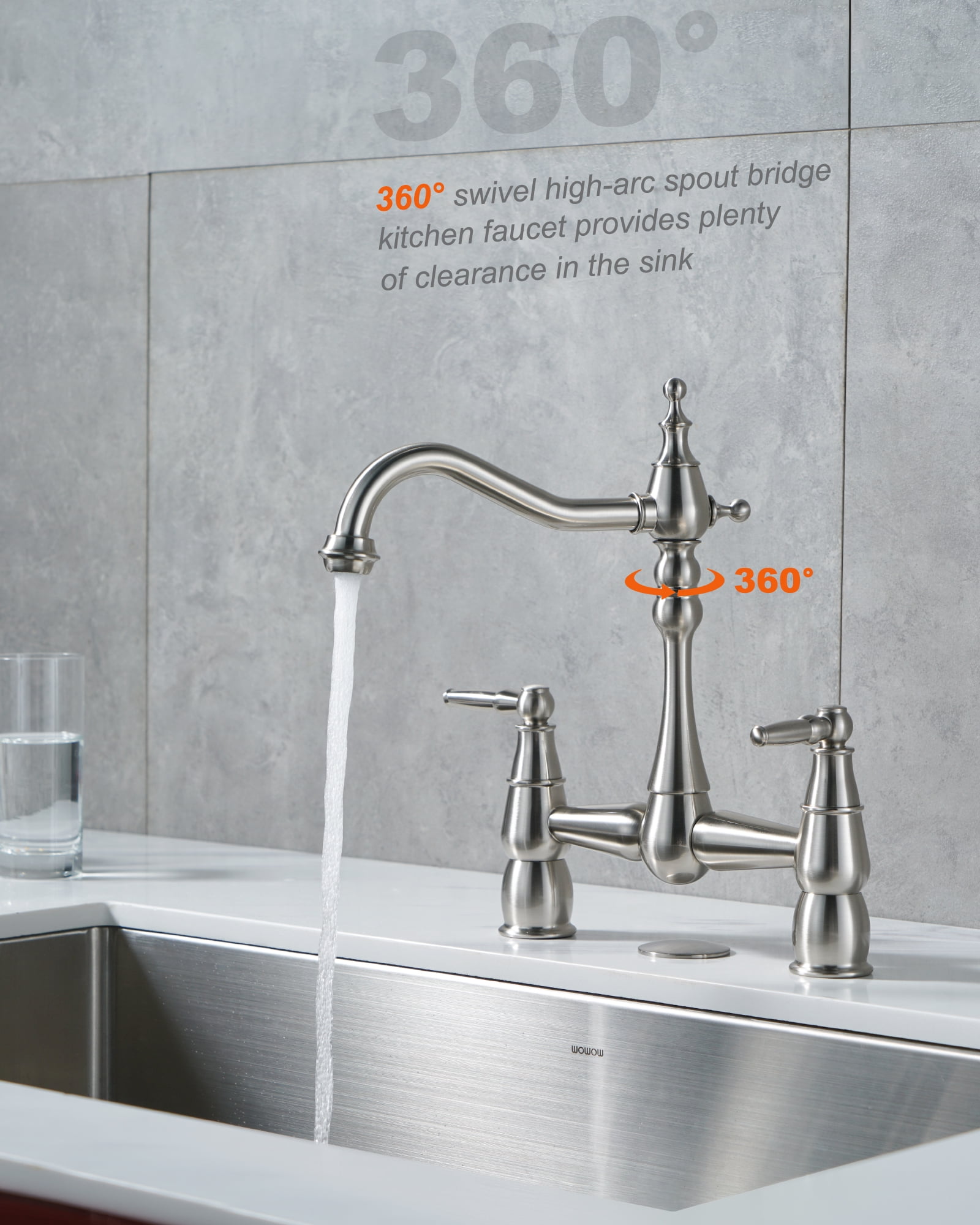 Wowow Brass Bridge Centerset Kitchen Faucet for Sink, 2 Handle 2 Hole 360 Degree Swivel Faucets for Vintage Farmhouse, Brushed Nickel