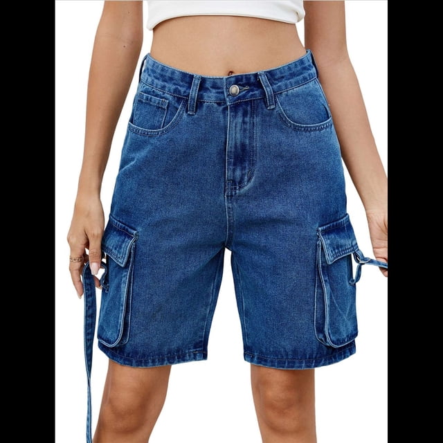 Bermudas Holgadas Y2K para Mujer con Múltiples Bolsillos, Pierna , Hasta la Rodilla, Pantalones Cortos Vaqueros, Ropa de Calle. Azul Oscuro L