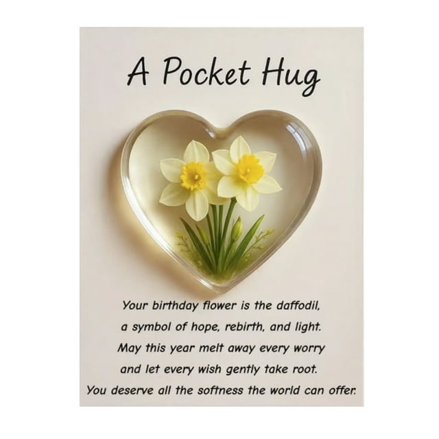 Abrazo de bolsillo con flor de nacimiento y poemas de aliento curativo. Recuerdo de corazón transparente con flor de nacimiento, regalo sentimental portátil.