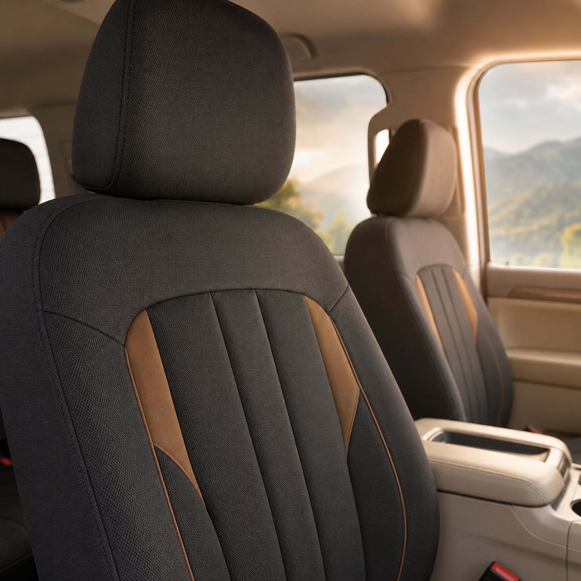 Ozark Trail Seat Covers 2 Pack, Premium Front Seat Faux Suede Fits Truck SUV CUV, Compatible with Attached Armrest, Black Brown