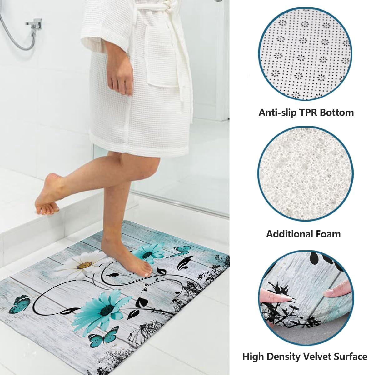 4 Piece Teal Turquoise Shower Curtain Set Aqua Floral Blue White Curtains Decor with Non-Slip Rugs, Toilet Lid Cover and Bath Mat Bathroom Accessorie Home Bathtub Set