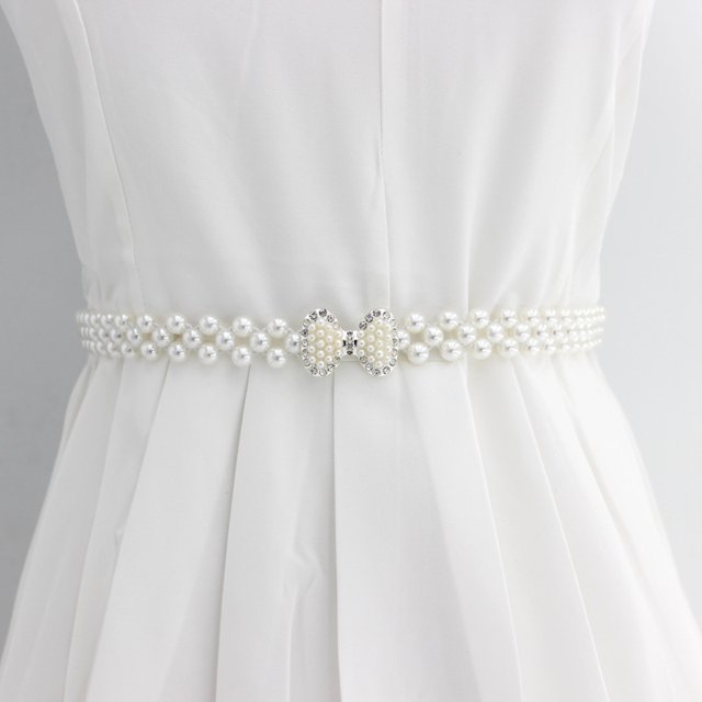 Cinturón elástico decorativo con cadena de perlas y diamantes de imitación para mujer, estilo coreano, con flores dulces