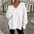 thumbnail image 2 of Ozmmyan Womens V Neck Long Sleeve Sweatshirt Side Slit Oversized Relaxed Fit Shirt Fall Winter, 2 of 7