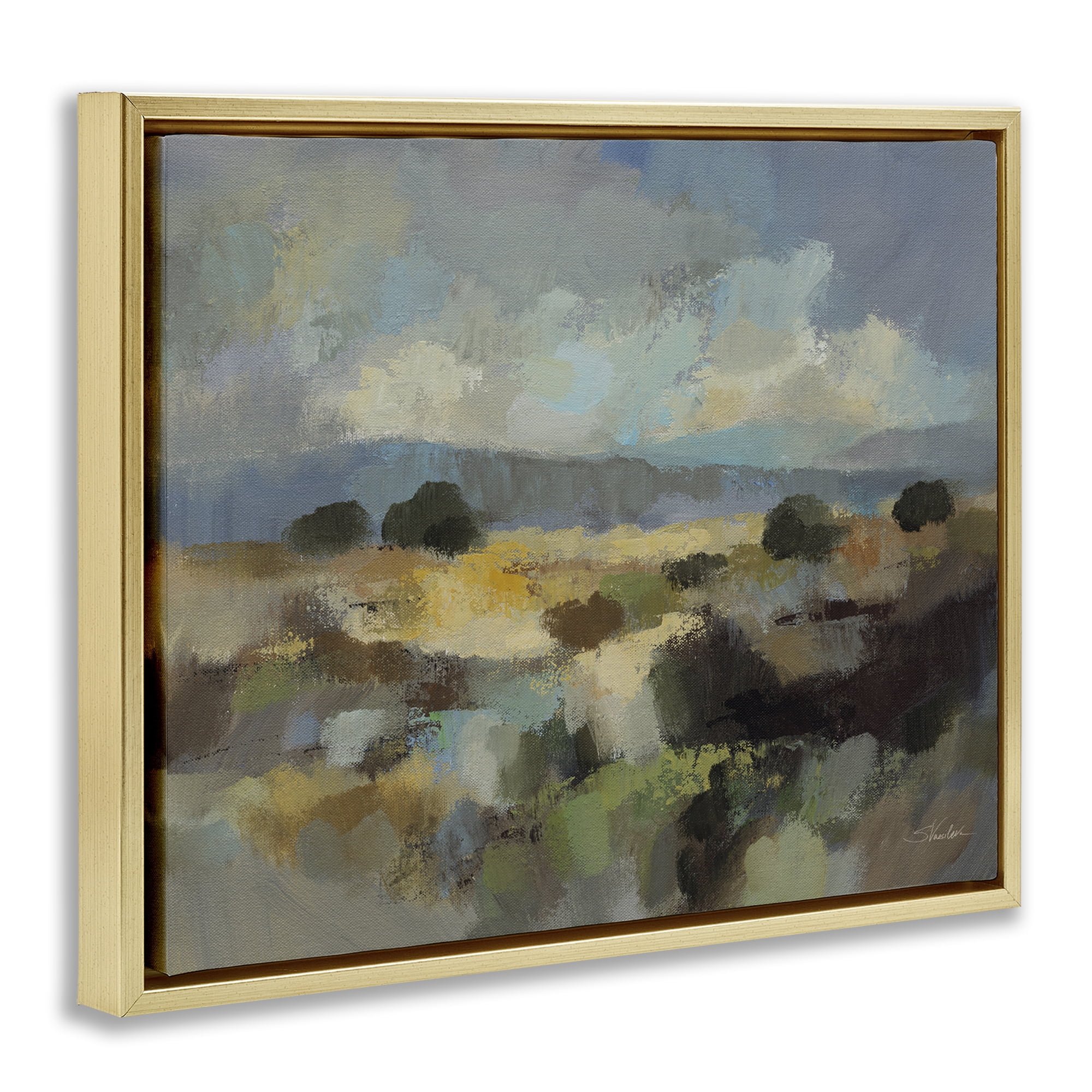 Stupell Industries Muted Blue Landscape with Clouds Gold Framed Floater Canvas Wall Art, design by Silvia Vassileva