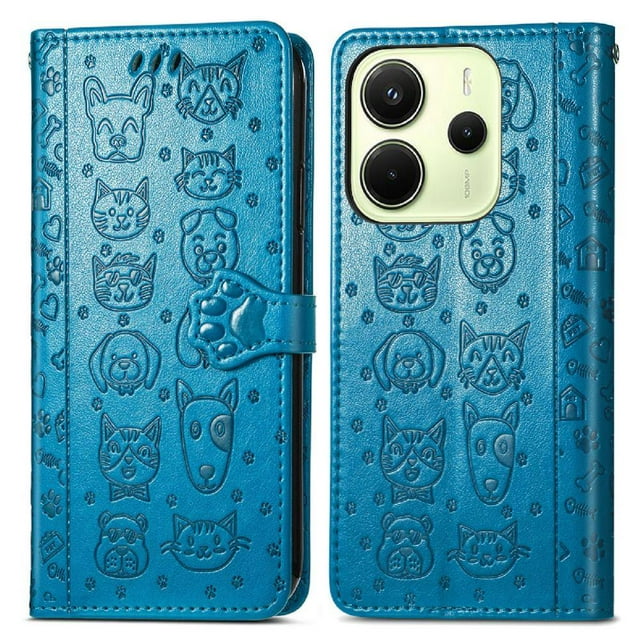 Funda Cartera FOXDOCK para Xiaomi Redmi Note 14 4G , Flip PU con Relieve de Gatos y Perros, Tarjetero y Soporte