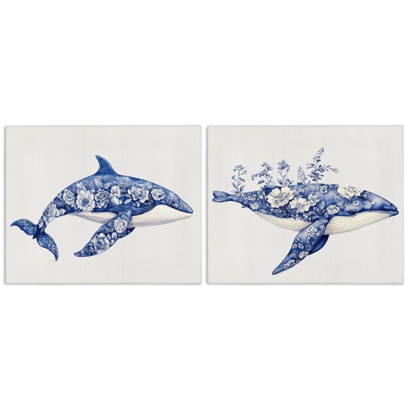 Blooming Toile Pattern Whales 2 Piece Canvas Wall Art Set, design by Lettered and Lined