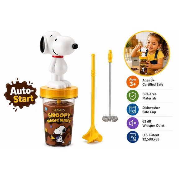 Peanuts Snoopy Magic Mixer® - Official Birthday Gift for Kids Ages 3-10 | Bladeless, Auto-Start, Hands-Free | Safe, Quiet, BPA-Free | Makes Chocolate Milk and Pudding.