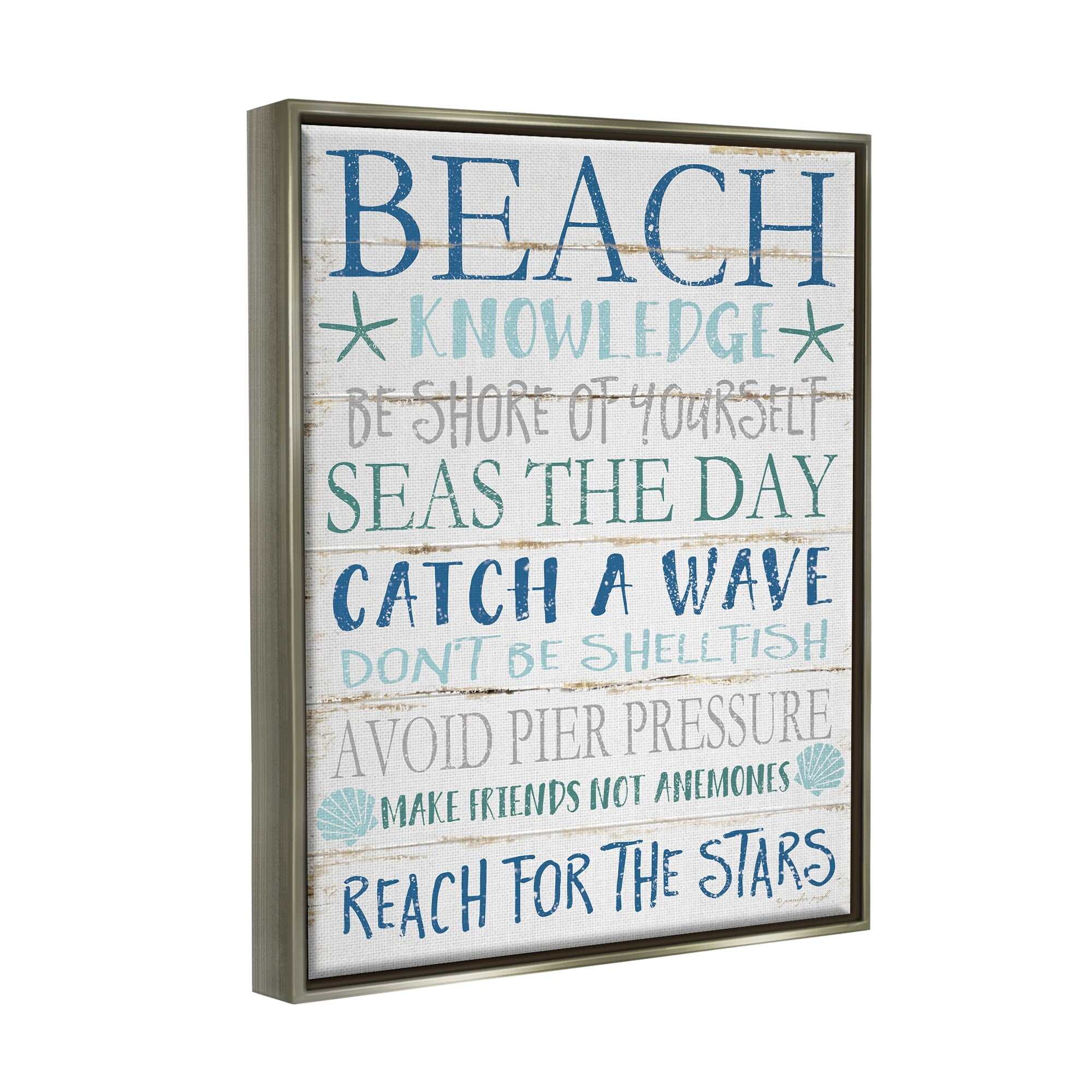Stupell Industries Beach Knowledge Blue Aqua and White Planked Look Sign Luster Gray Framed Floating Canvas Wall Art, 24x30, by Jennifer Pugh