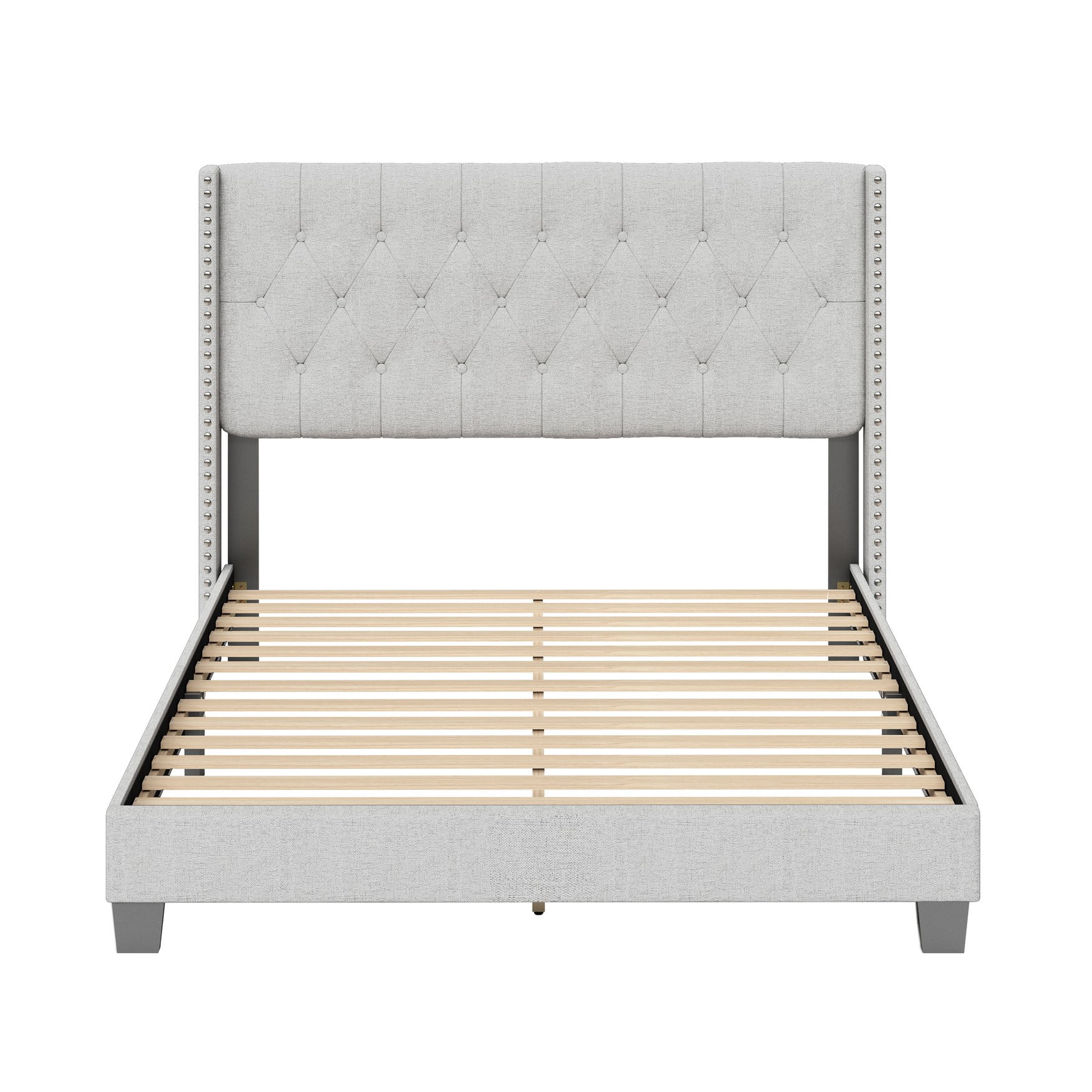 Boyd Sleep Mia Off White Linen King Size Fully Upholstered Platform Bed Frame with Tufted Headboard