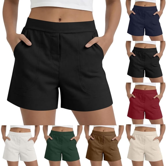 Womens Pull on Summer Shorts, Flat Front Elastic Back Solid Color Mid Waist Casual Shorts with Pockets, Black, XXL