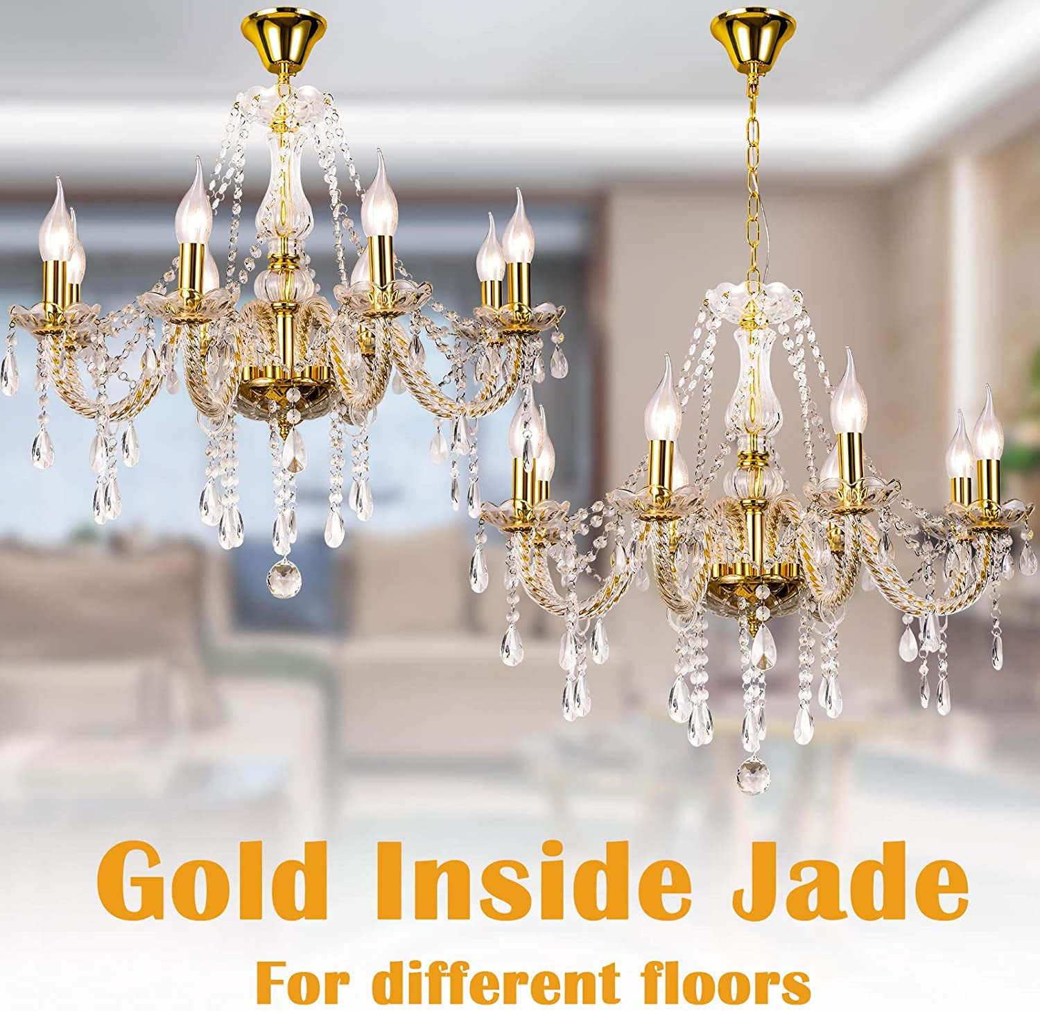 Datingday Gold Crystal Chandelier Lighting,8 Lights Chandeliers for Dining Room,K9 Crystal Pendant Ceiling Lamp,Modern Ceiling Light for Living Room Bedroom Hallway Entry,E12 Base(8 Lights)