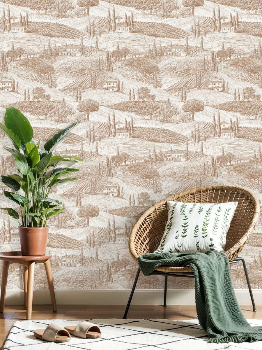 Peel and Stick Wallpaper 17.7in x 9.8ft Vintage Tuscan Landscape Vineyards Olive Trees Rolling Hills Contact Paper Vinyl Waterproof Self Adhesive Wall Paper for Bedroom Shelf Cabinet Renter Friendly