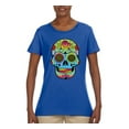thumbnail image 2 of Colorful Floral Sugar Skull Streetwear Womens Graphic T-Shirt, Royal, Medium, 2 of 3