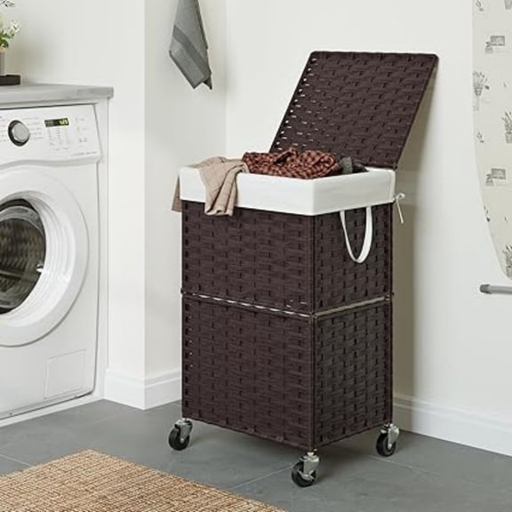 90L Slim Laundry Hamper with Wheels, Rolling Laundry Basket with Lid and Renovable Liner Bag, Handwoven Rattan Organizer for bedroom, bathroom, laundry room (Brown)