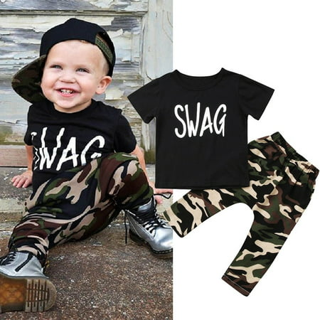 2pcs Toddler Kids Boys SWAG Tops T-shirt Camo Pants Summer Outfits
