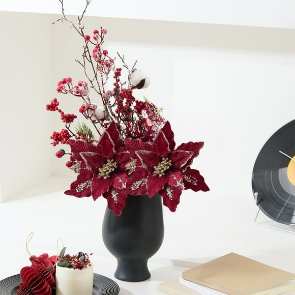 Vaidha Red Christmas Flowers Artificial Floral Arrangement | High-End Holiday Vase Decor | Festive Cloth Flowers for Indoor & Outdoor Christmas Decorations