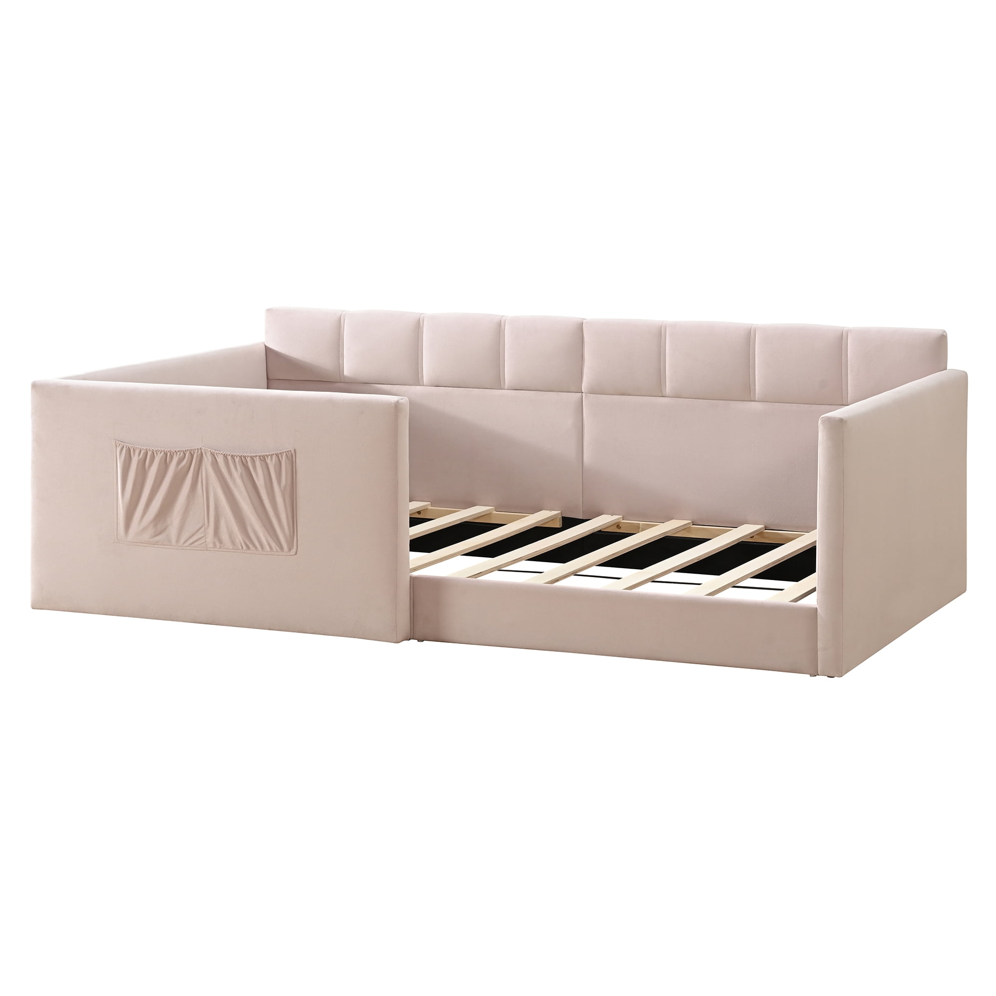 Twin Size Velvet Daybed with Storage Pockets and Walk-In Entrance, Upholstered Sofa Bed with High Side Panels for Guest Room and Small Spaces, Pink
