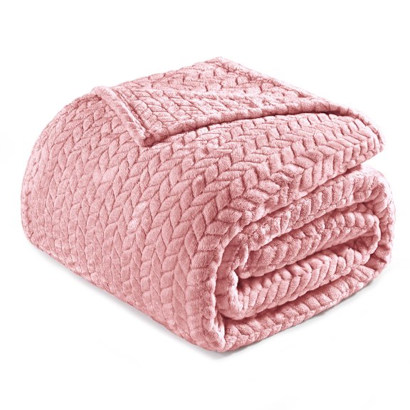 Exclusivo Mezcla King Size Flannel Fleece Blanket, 90"x104" Soft Jacquard Weave Leaves Pattern Velvet Plush Bed Blanket, Pink