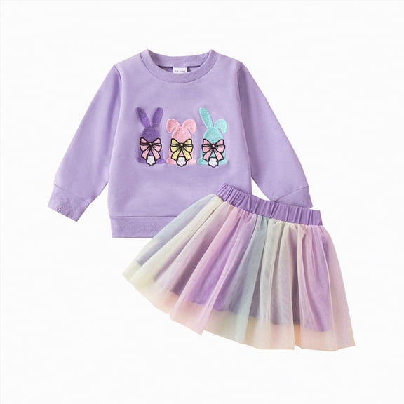 Yindaity Easter Dress Toddler Toddler Easter Outfit Baby Girl Easter Shirt Dress Long Sleeve Sweatshirt and Tulle Skirts Little Girls Clothes(Light Purple,3-4 Years)