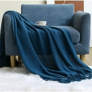 Fennco Styles Textured Knit Solid Fringe Throw Blanket 50" W x 60" L - Navy Blue Waffle Pattern Light Weight Blanket for Sofa, Couch, Living Room and Bedroom Dcor