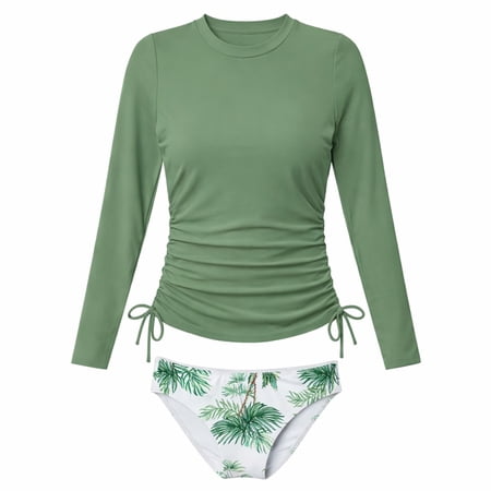 FINALGANG Girls 2 Piece Rash Guard Swimsuit Set Solid Color Long Sleeve Crew Neck Ruched Top With Tree Print Swim Bottoms For Beach Wear Green 6-7Y