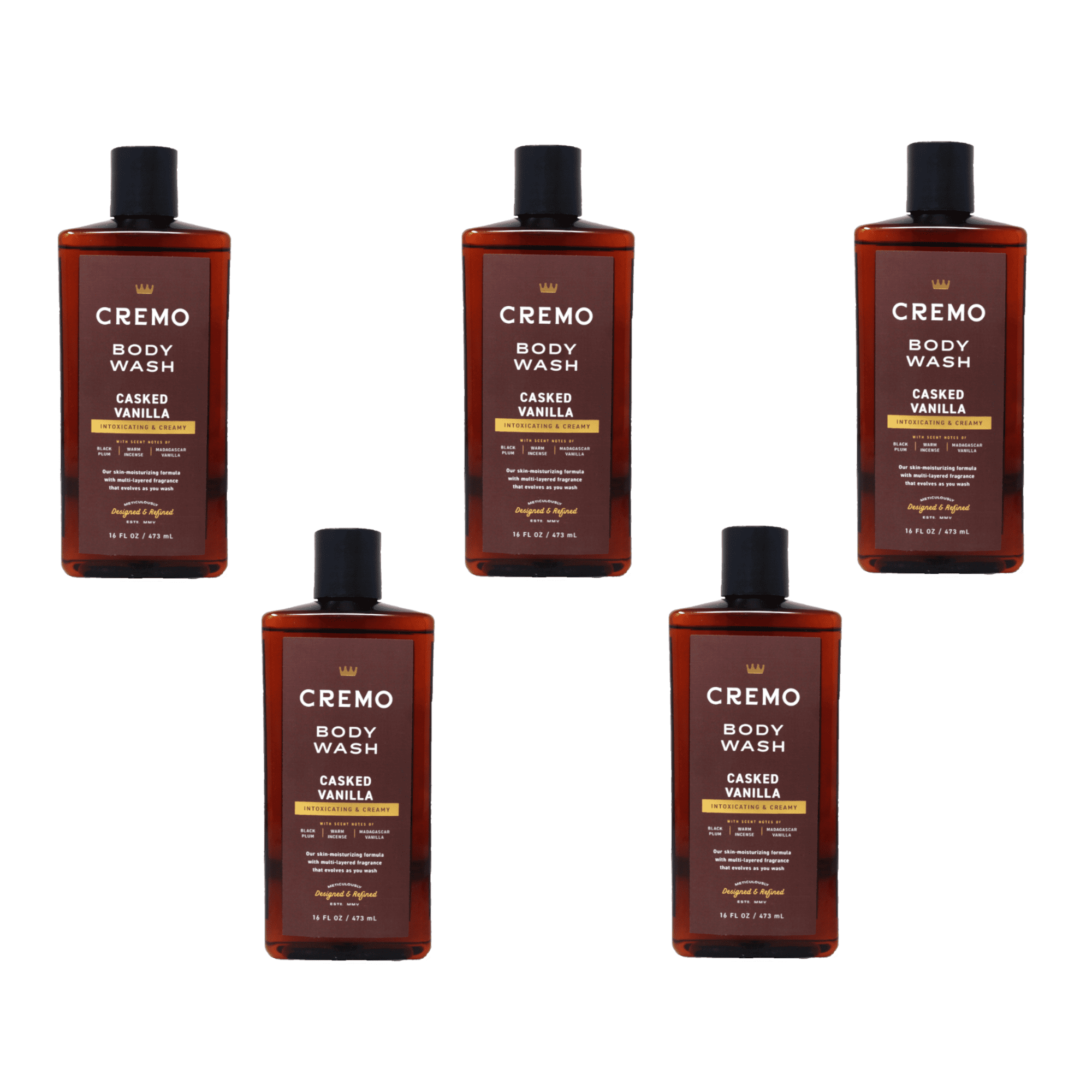 Cremo Casked Vanilla Body Wash for Men, Rich-Lathering Shower Gel, Black Plum, Warm Incense & Madagascar Vanilla Scent, 16 fl oz Pack of 5