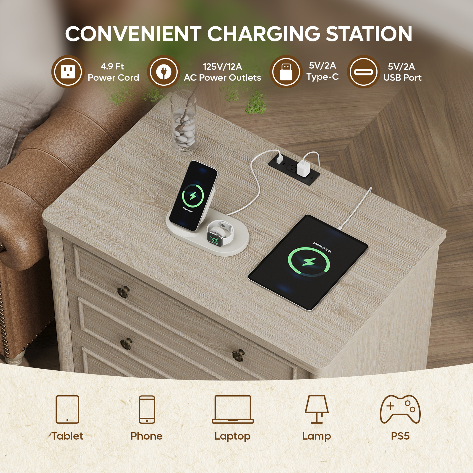 Bestier Farmhouse Nightstand Set of 2 with Charging Station, Oak photo 7