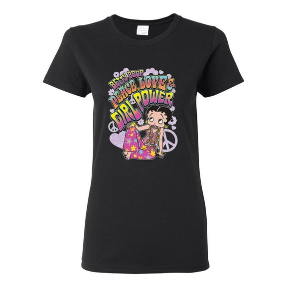 Wild Bobby Betty Boop Peace, Love and Girl Power Betty Boop Womens T-Shirt, Black, Small