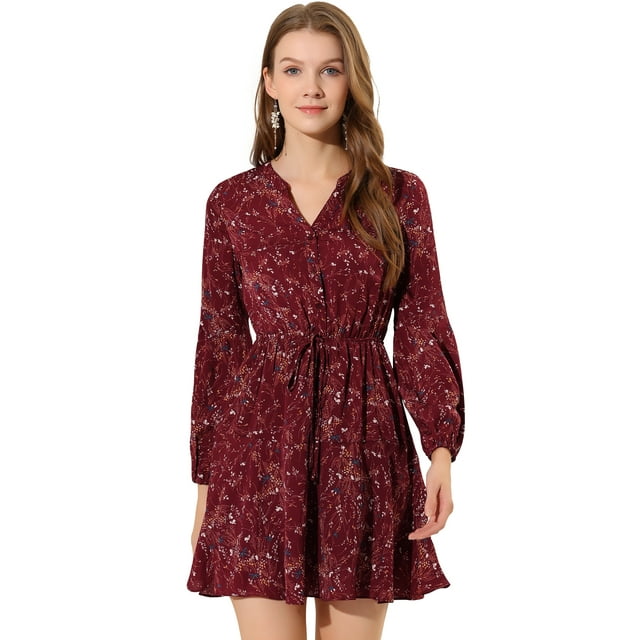 Vestido camisero de cintura con lazo y manga abullonada en la parte delantera con estampado floral y estampado floral para mujer borgoña S