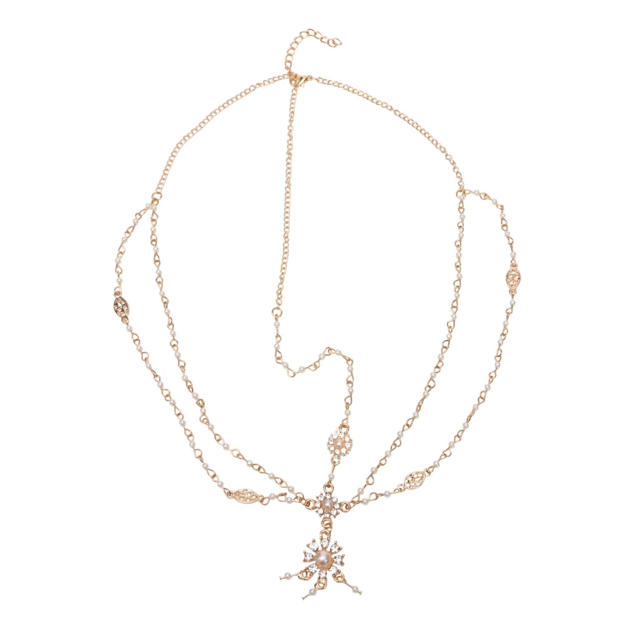 Unique Bargains Headpiece Bohemia Faux Pearls Head Chain Gold Tone 1 Pc