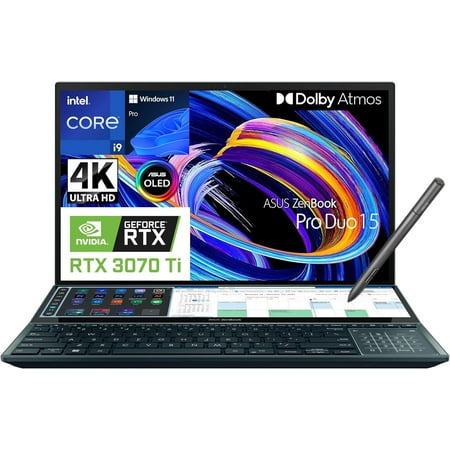 ASUS Zenbook Pro Duo 15 OLED Laptop, Intel Core i9-12900H, GeForce RTX 3070 Ti, 15.6" 4K UHD Touchscreen, 32GB LPDDR5 RAM, 4TB SSD, ScreenPad Plus, Pen, Wi-Fi 6, IR Camera, Win 11 Pro, Celestial Blue