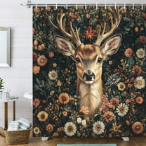 Vintage Floral Shower Curtain, Rustic Dark Boho Flowers Deer Aesthetic Shower Curtain for Bathroom, Farmhouse Floral Country Wildlife Cabin Pattern Shower Curtain Set with 12PCS Hooks, 70X70IN