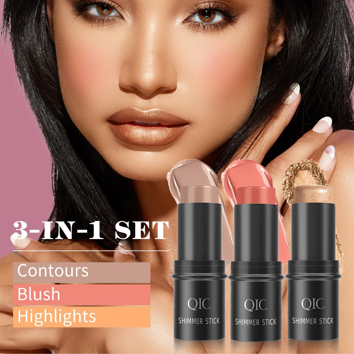 Wiher 3Pcs Cream Contour Stick Makeup Kit,Shades with Highlighter Stick,Blush Stick and Bronzer Contour Stick for Sculpt the Cheeks,Long Lasting,Waterproof,Matte & Dewy Finish (with Contour Brush)